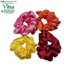 Four gathered satin hair bands in pink, orange, yellow and burgundy