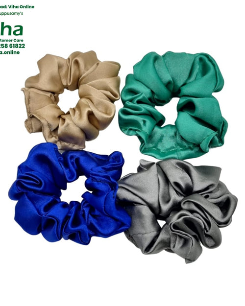 Satin Hair Band, four satin scrunchies in gold, teal, blue and grey