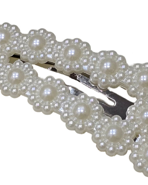White Beads Hair Clip, long rectangular clip covered with white pearl flower clusters