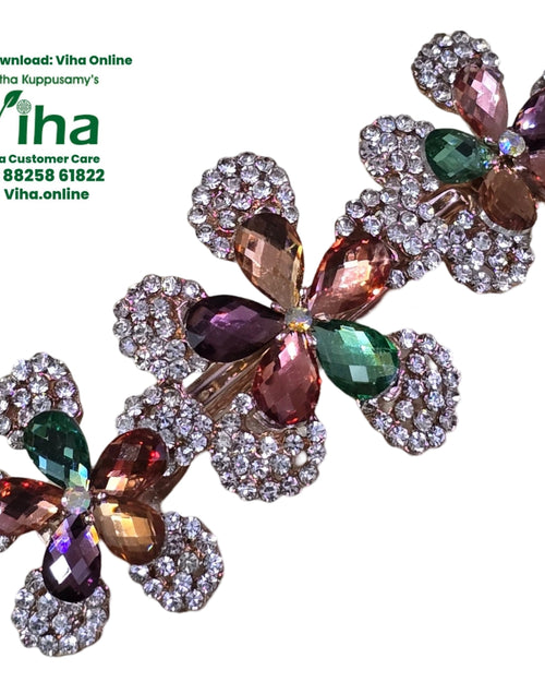 Hair Clip Studded with Stones, three crystal flower clusters in purple, pink, amber, and green