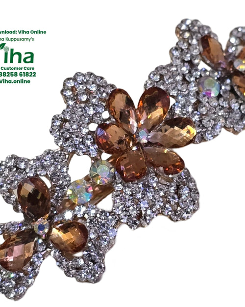 Hair Clip Studded with Stones, three crystal flower clusters in champagne amber