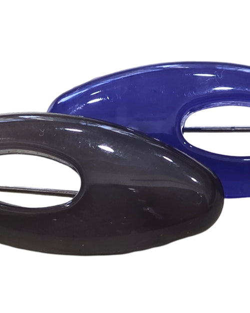 Saree Pin, two glossy oval accessories featuring one dark grey and one blue piece with central apertures and pin mechanisms