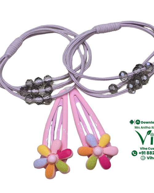 Hair Band & Hair Clip set in lavender with grey beaded ties and pink snap clips featuring colourful daisy flowers