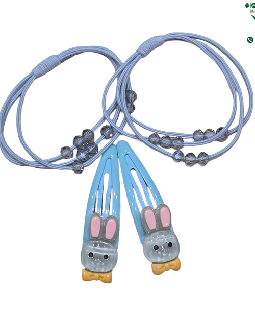 Hair Band & Hair Clip set in light blue, with grey beaded ties and snap clips shaped like bunny faces