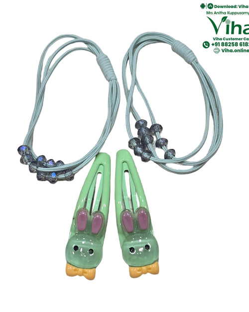 Hair Band & Hair Clip set in pale green, with beaded ties and snap clips shaped like bunny faces