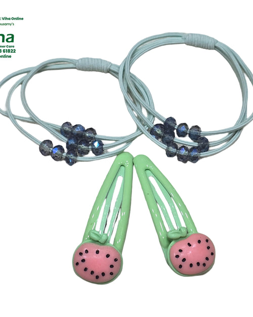 Hair Band & Hair Clip set in pale green, with beaded ties and watermelon-slice snap clips