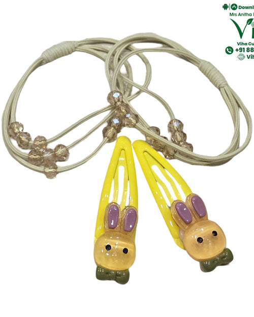 Hair Band & Hair Clip set in beige, with beaded ties and yellow snap clips shaped like bunny faces