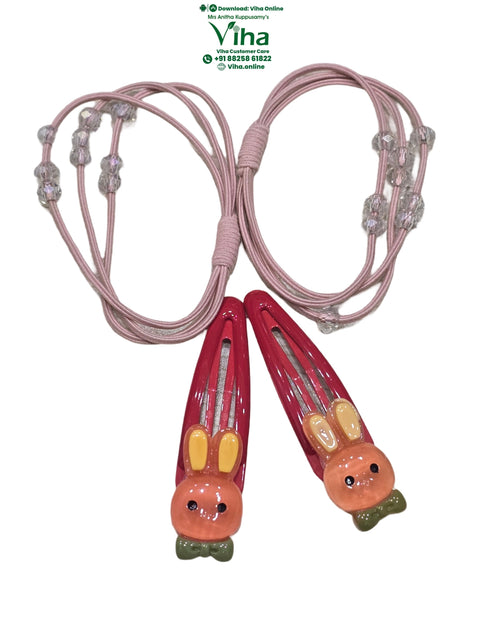 Hair Band & Hair Clip set in pink, with beaded ties and red snap clips shaped like bunny faces