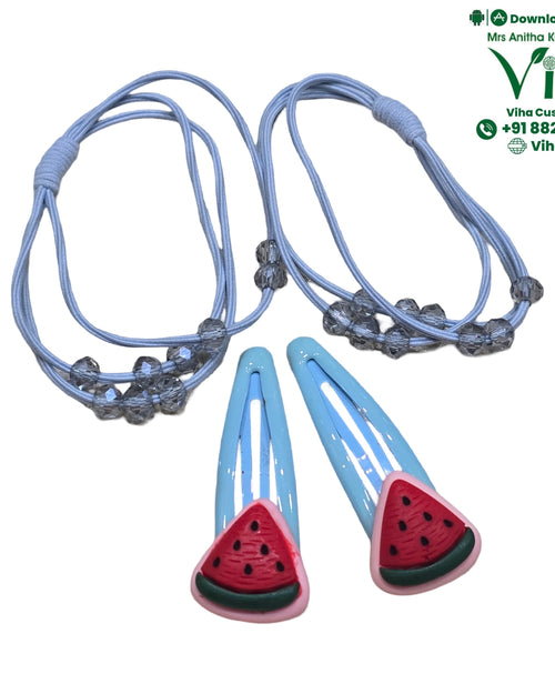 Hair Band & Hair Clip set in light blue, with beaded ties and watermelon-slice snap clips