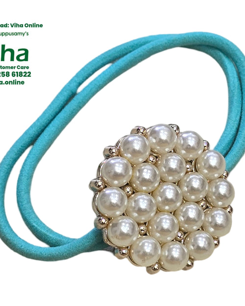 Hair Band with White Beads on a turquoise elastic loop, finished with a pearl bead cluster in a gold setting