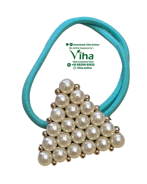 Hair Band with White Beads, turquoise elastic band with pearl beads arranged in a triangle shape