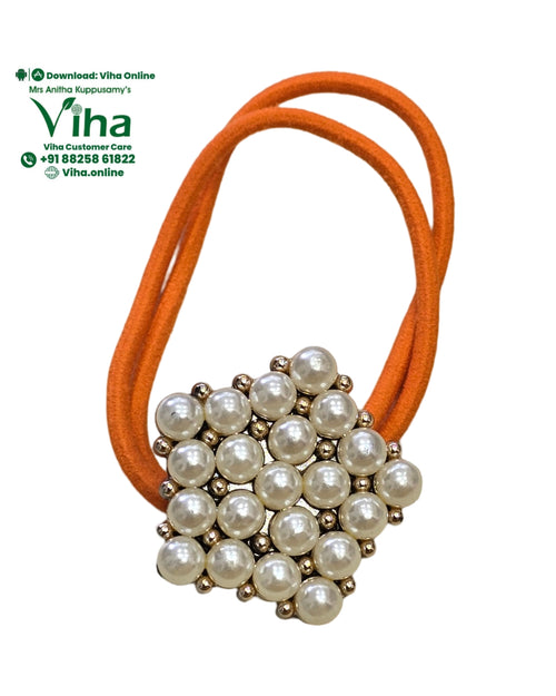 Hair Band with White Beads on an orange elastic loop, finished with a diamond-shaped pearl bead cluster in a gold setting