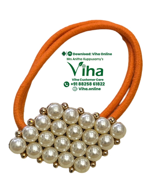 Hair Band with White Beads, an orange elastic band with a diamond-shaped cluster of twenty-four white beads and tiny gold-toned beads