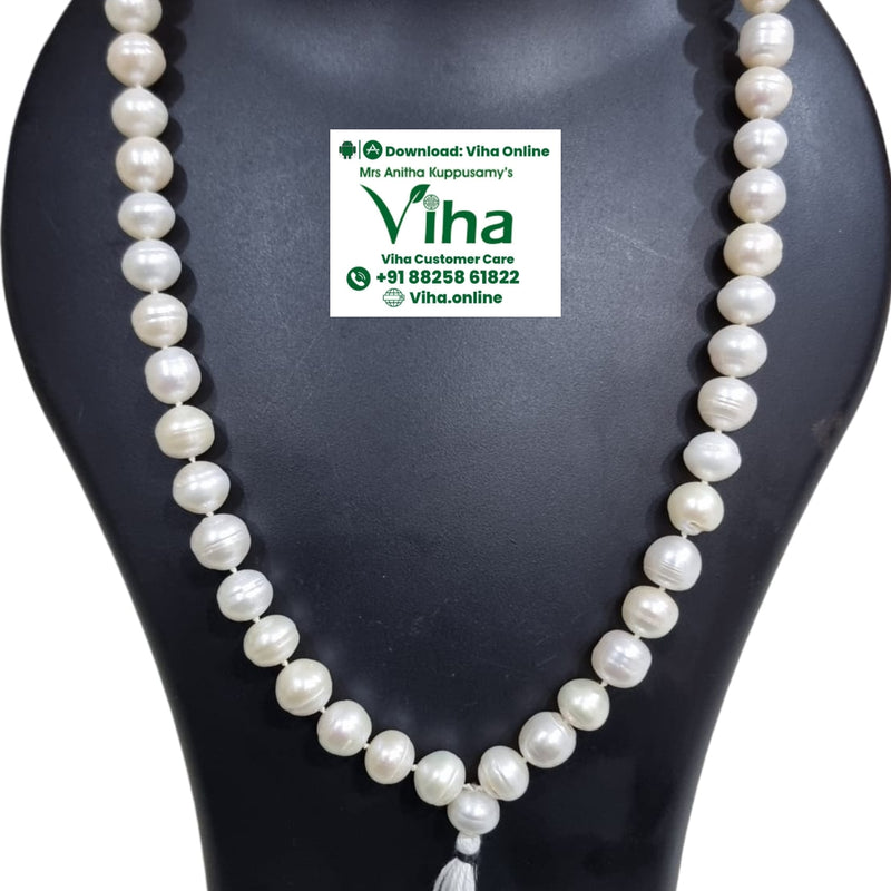 Natural Pearl Mala 12mm, a loop of irregular pearls with a white tassel