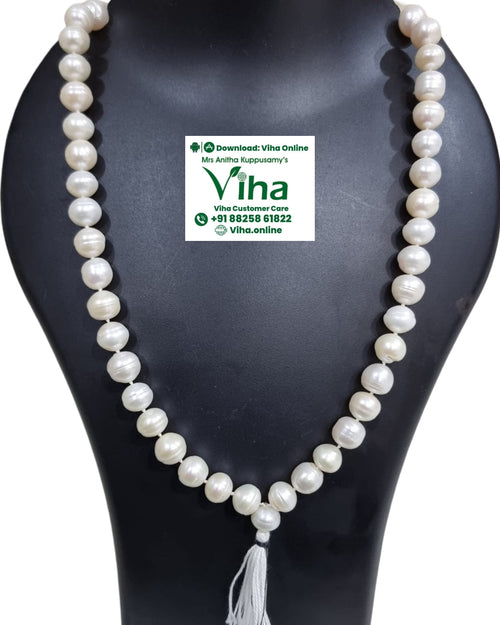 Natural Pearl Mala 8mm, a loop of irregular pearls with a white tassel