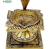 Naga swastik deepam in brass, cobra hood over a fan motif on a square swastik-engraved footed base