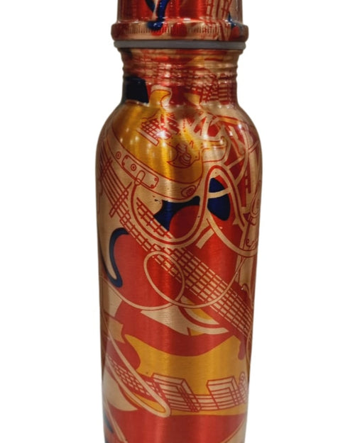 Designer Copper Water Bottle, a metal bottle with a cap, printed with red, orange and blue musical graphics and a glossy finish