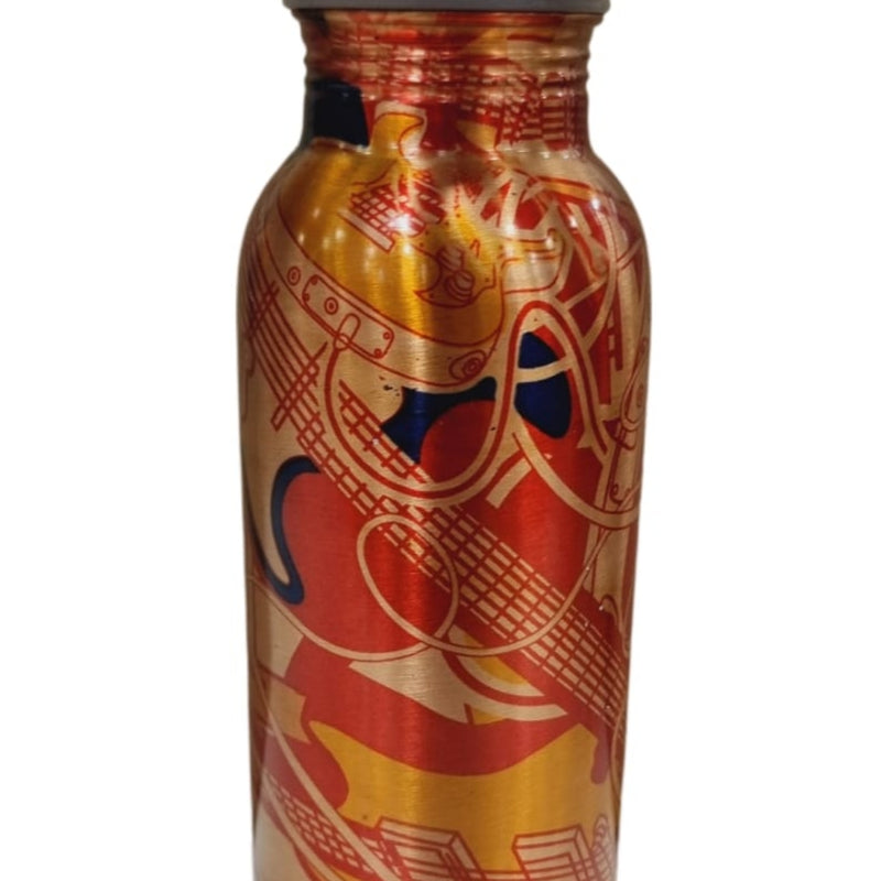 Designer Copper Water Bottle, a metal bottle with a cap, printed with red, orange and blue musical graphics and a glossy finish