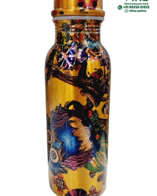 Designer Copper Water Bottle, a gold-toned bottle with bright multicoloured abstract flower prints and a glossy finish