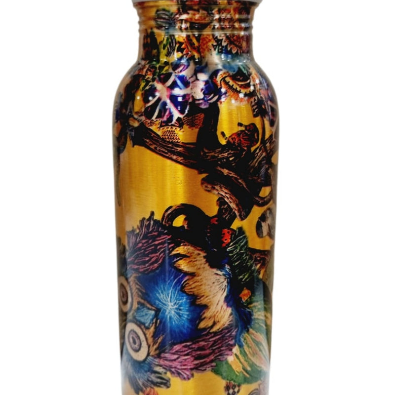 Designer Copper Water Bottle, a gold-toned bottle with bright multicoloured abstract flower prints and a glossy finish