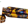 Designer Copper Water Bottle, a gold-toned round bottle with colorful printed owl motifs and a matching detached threaded cap lying nearby