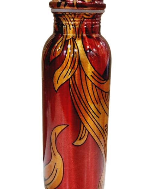 Designer Copper Water Bottle, a glossy red and gold-toned bottle with large painted leaf motifs and a matching cap