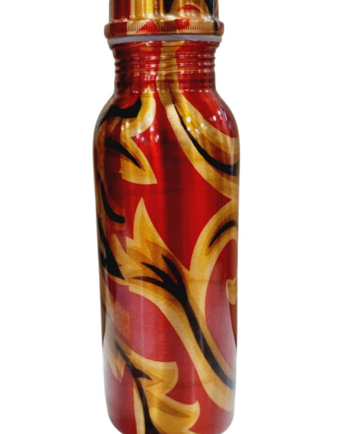 Designer Copper Water Bottle, a red bottle with a glossy finish and printed yellow and black leaf motifs, with a cap