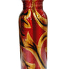 Designer Copper Water Bottle, a red bottle with a glossy finish and printed yellow and black leaf motifs, with a cap