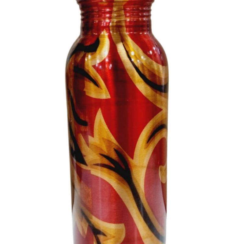 Designer Copper Water Bottle, a red bottle with a glossy finish and printed yellow and black leaf motifs, with a cap