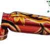 Designer Copper Water Bottle, a red bottle lying horizontally with a patterned yellow and black design and a matching separate cap with threads