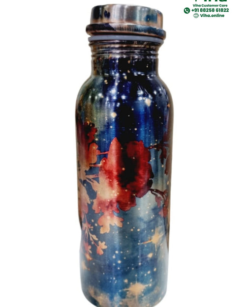 Designer Copper Water Bottle, a metallic bottle featuring a glossy blue, black, and red floral pattern and one screw-on cap