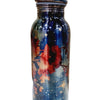Designer Copper Water Bottle, a metallic bottle featuring a glossy blue, black, and red floral pattern and one screw-on cap