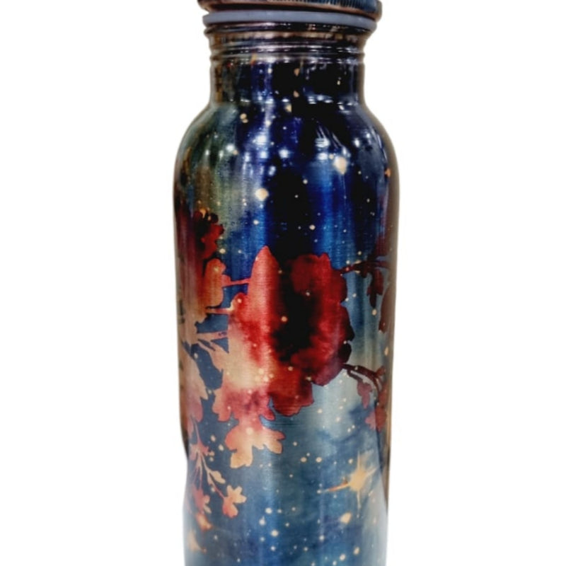 Designer Copper Water Bottle, a metallic bottle featuring a glossy blue, black, and red floral pattern and one screw-on cap