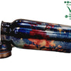 Designer Copper Water Bottle, a horizontal blue and red bottle with abstract floral print and a separate matching cap placed beside its open neck