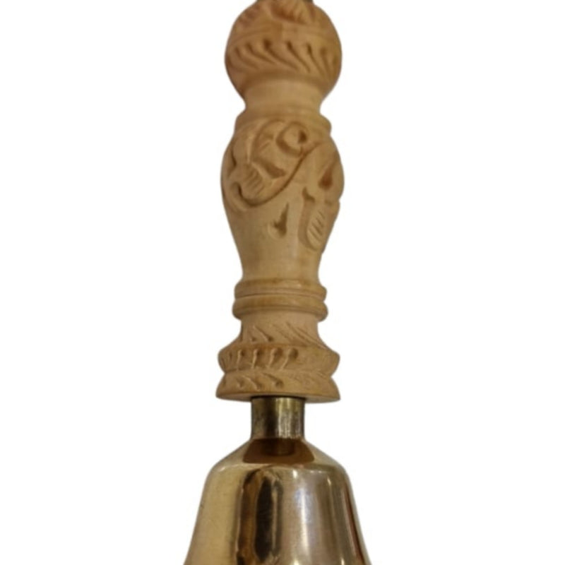 Kasi Pooja Bell, brass bell with a pale carved handle turned in rings with leaf and fish motifs