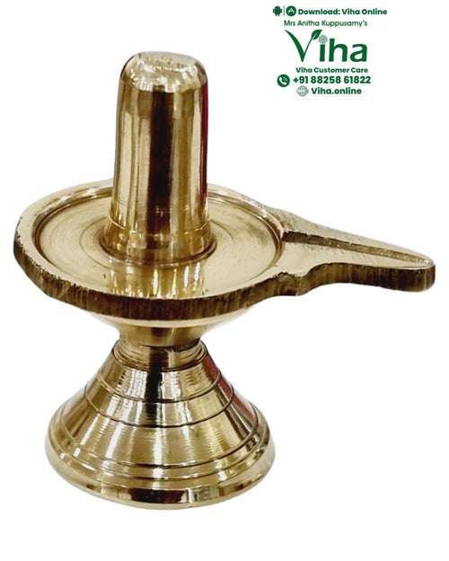 Brass Shivling Medium, a shiny gold-toned sculpture of an upright pillar on a wide disc with a spout and a tapering base