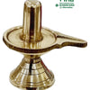 Brass Shivling Medium, a shiny gold-toned sculpture of an upright pillar on a wide disc with a spout and a tapering base