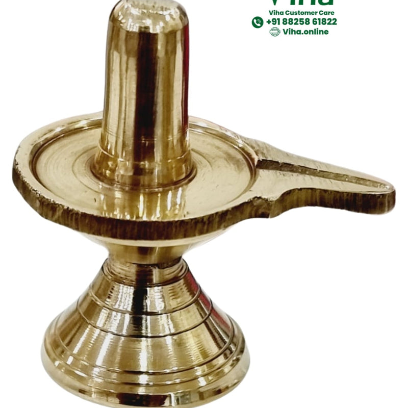 Brass Shivling Medium, a shiny gold-toned sculpture of an upright pillar on a wide disc with a spout and a tapering base