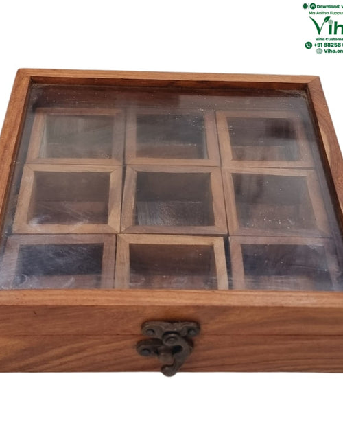 Wooden Masala Box, a rectangular brown-toned compartmentalized box featuring nine square sections, a transparent lid, and a metal clasp at the front