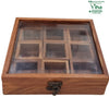 Wooden Masala Box, a rectangular brown-toned compartmentalized box featuring nine square sections, a transparent lid, and a metal clasp at the front