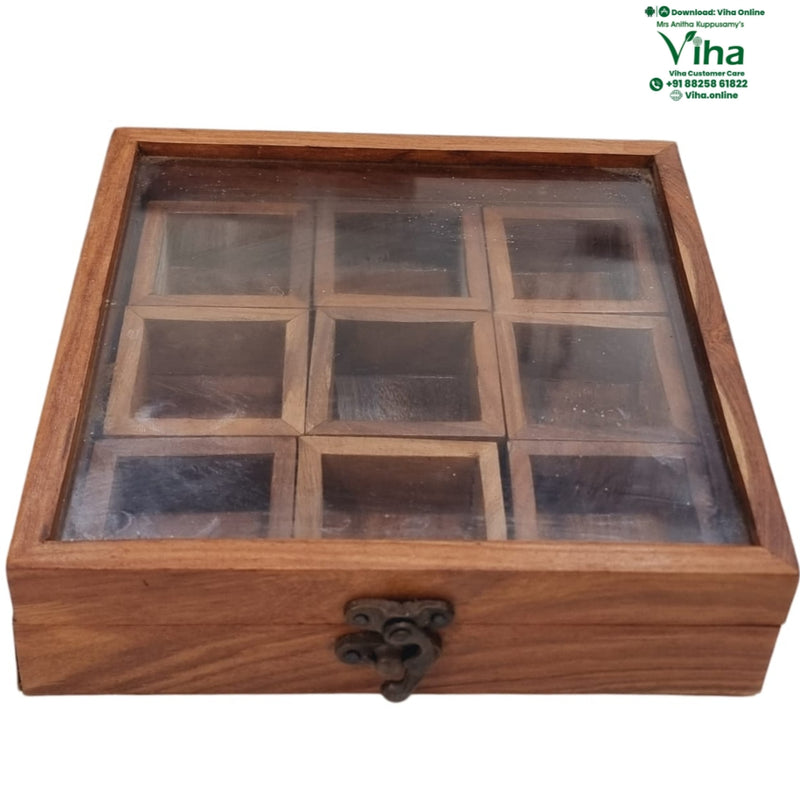 Wooden Masala Box, a rectangular brown-toned compartmentalized box featuring nine square sections, a transparent lid, and a metal clasp at the front