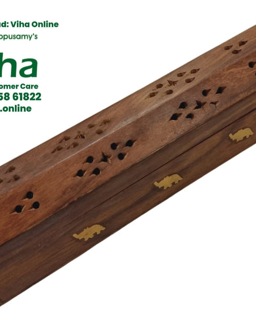 Wooden Agarbati Holder, brown wooden hexagonal box with cutout patterns and three gold-toned animal inlays
