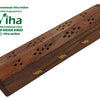Wooden Agarbati Holder, brown wooden hexagonal box with cutout patterns and three gold-toned animal inlays