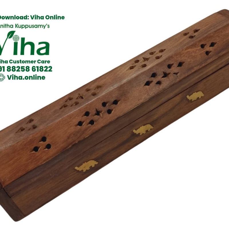Wooden Agarbati Holder, brown wooden hexagonal box with cutout patterns and three gold-toned animal inlays