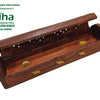 Wooden Agarbati Holder, a brown wooden box with a hinged lid, featuring two gold-toned circular inlays, three gold-toned animal inlays, and cutout details