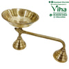 Dhoop Holder, brass holder with a wide shallow bowl on a bell foot and a long curved arm ending in a second bell foot