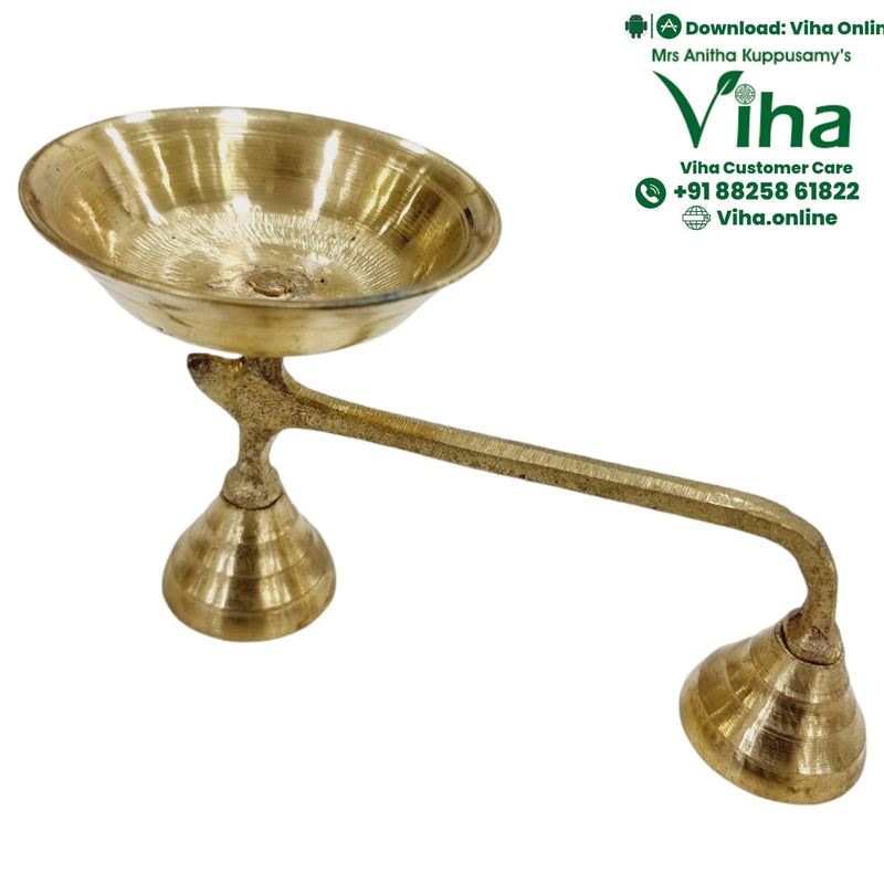 Dhoop Holder, brass holder with a wide shallow bowl on a bell foot and a long curved arm ending in a second bell foot