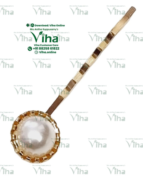 White Beads Hair Clip, gold-toned bobby pin with a round pearl centre in a studded setting