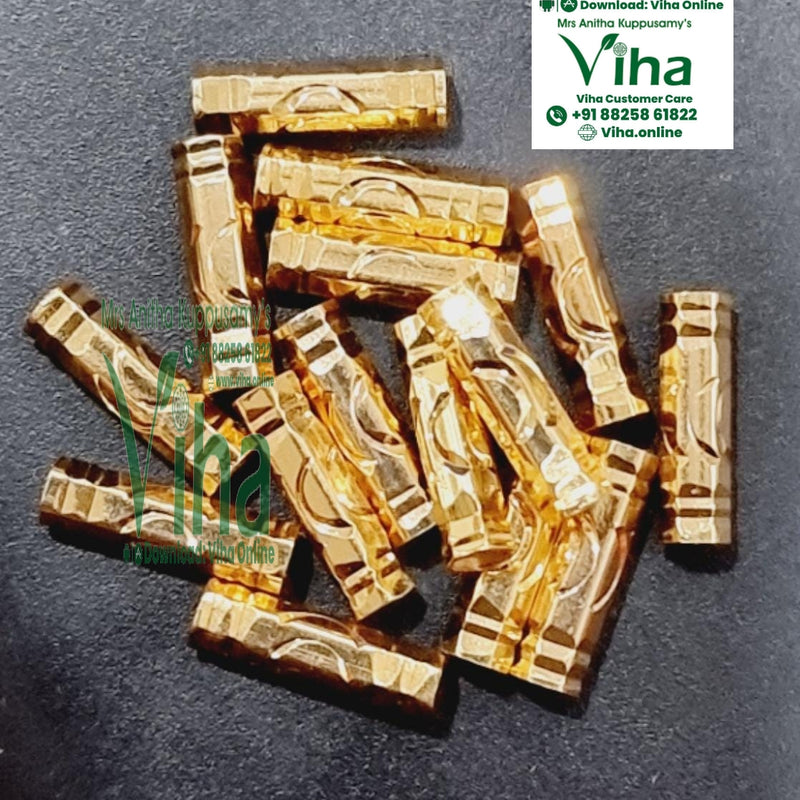 Impon Thali Nanal Kuzha, gold-toned ridged tube beads piled together