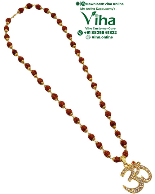 Rudraksh Mala with OM Pendant, white stones